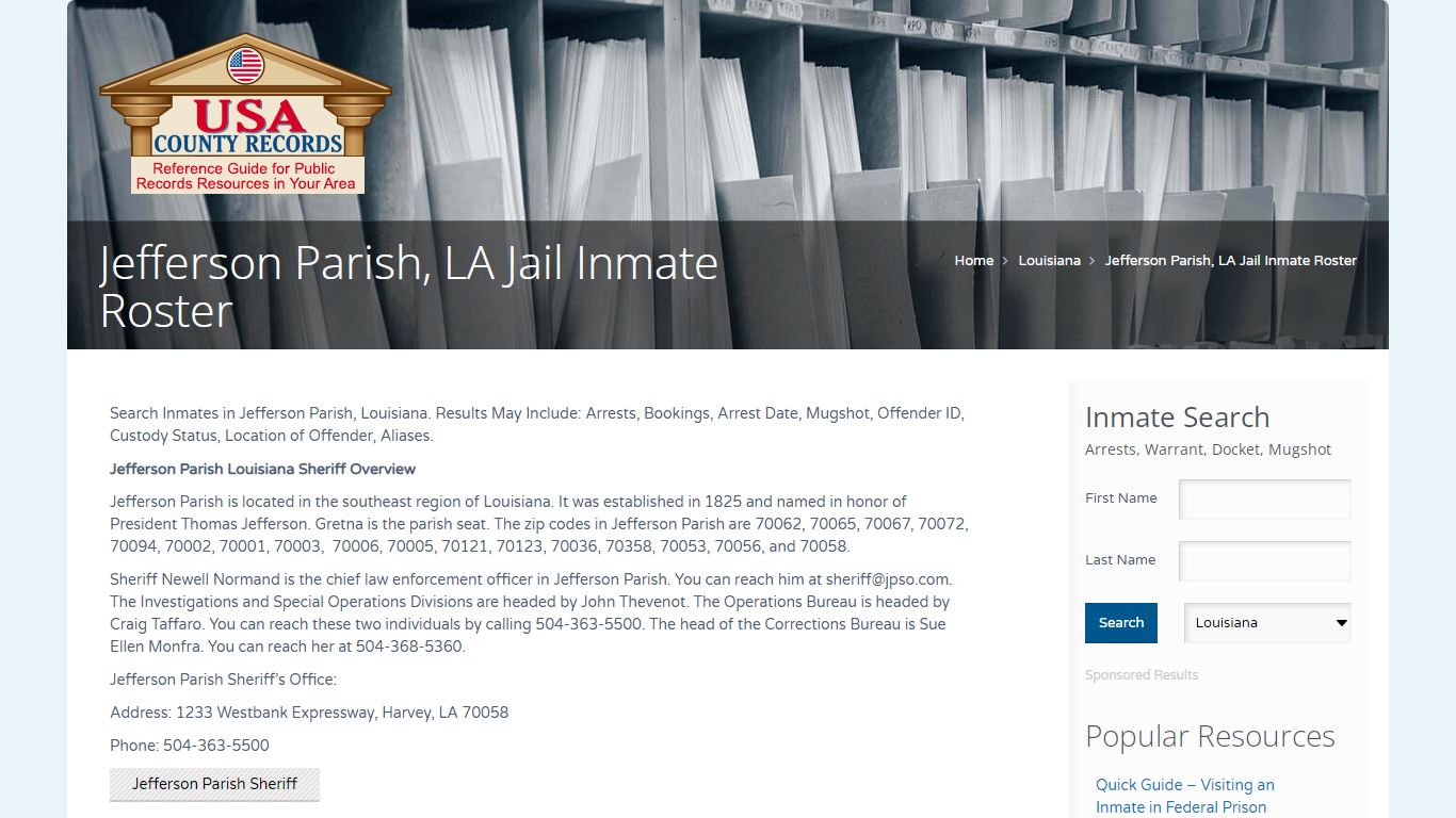 Jefferson Parish, LA Jail Inmate Roster | Name Search