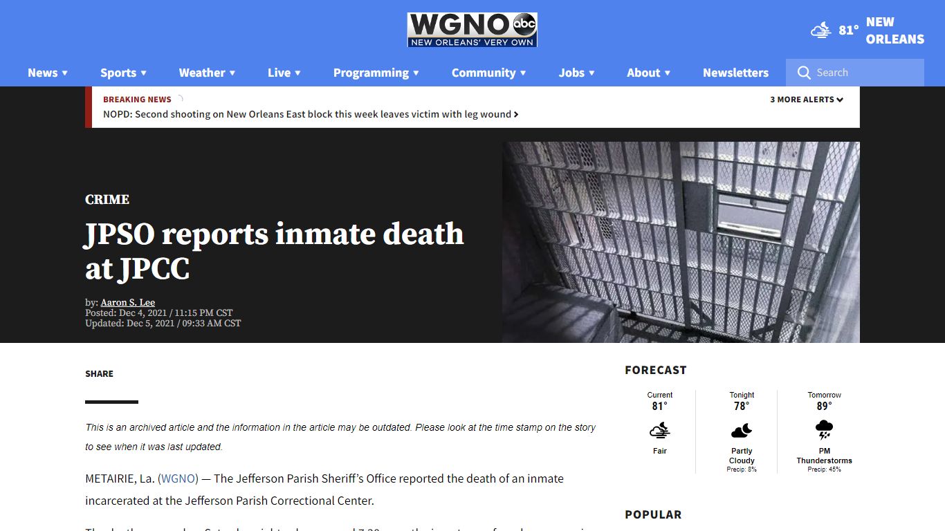 JPSO reports inmate death at JPCC | WGNO.com